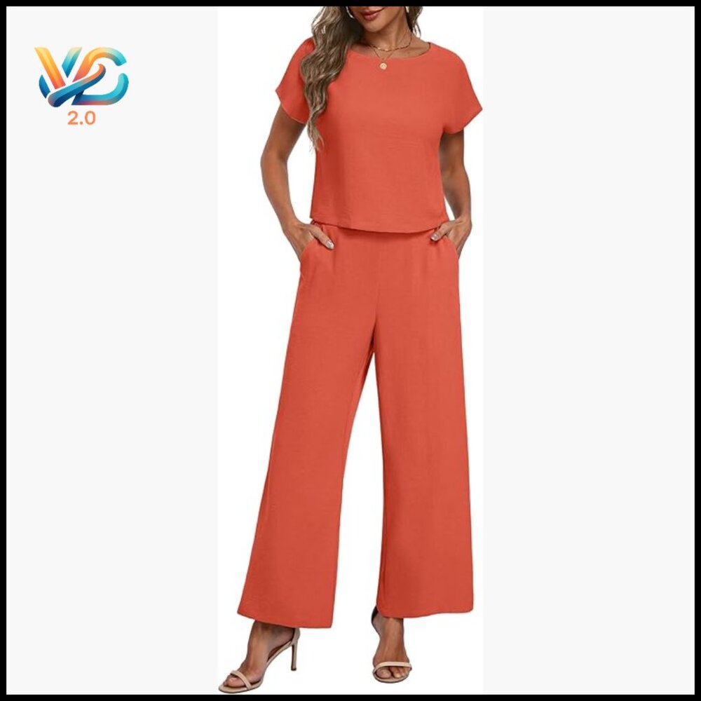 Summer 2 Piece Set Crop Top Wide Leg Pants Lounge Outfit Travel Beach